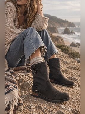 Major Pull-On Mid-Calf Boots Black/Shark Suede Leather Boot 8.5 NEW